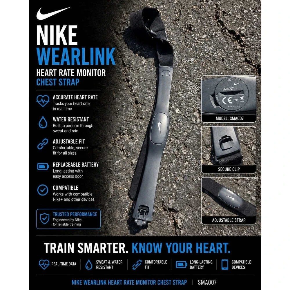 Nike WearLink Heart Rate Monitor Chest Strap SMA007 Black Adjustable HRM